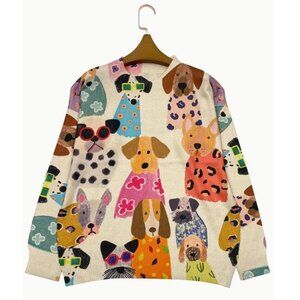 NEW Adorable Ivory Abstract Dog Art Print Sweater Sizes S, M, L, XL NWOT